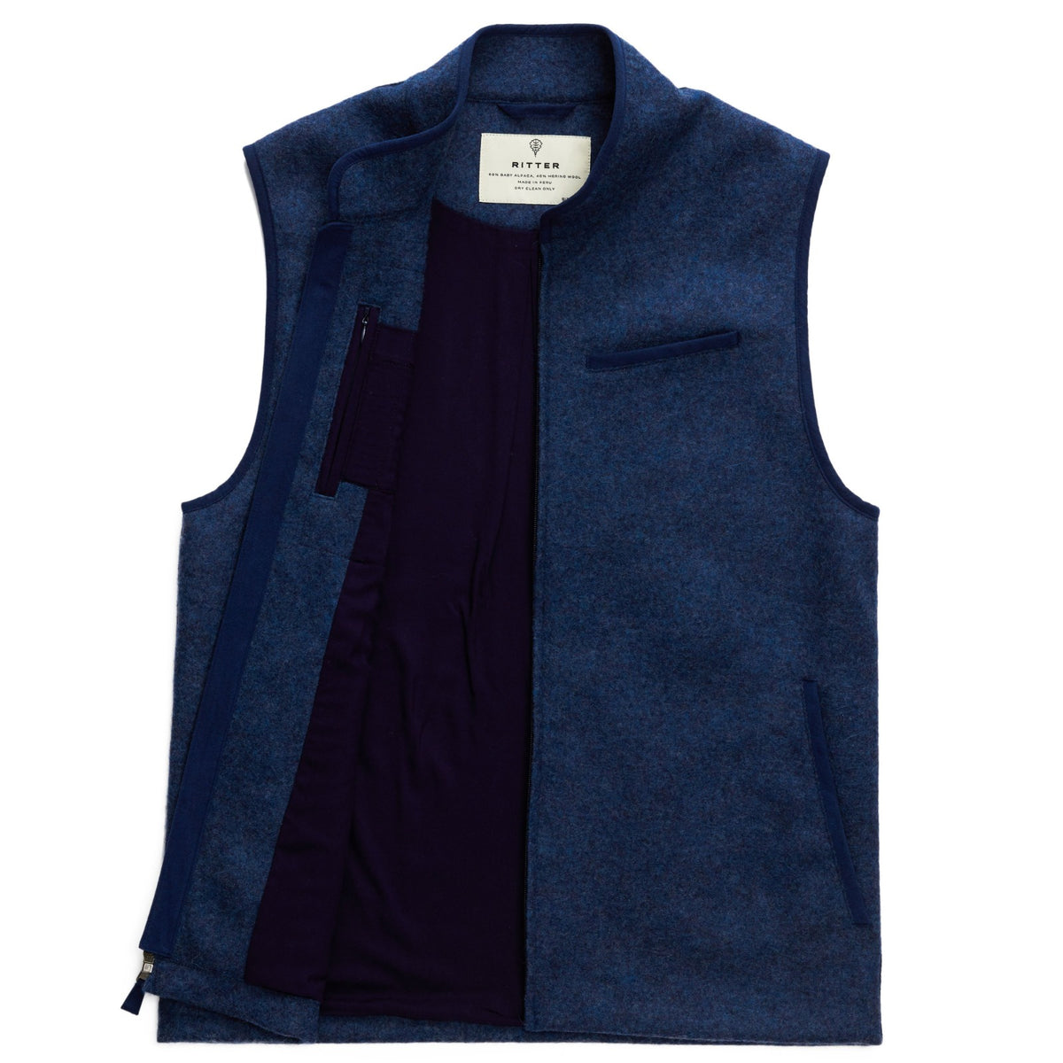 admiral vest with right side open to display inner zippered pen pocket