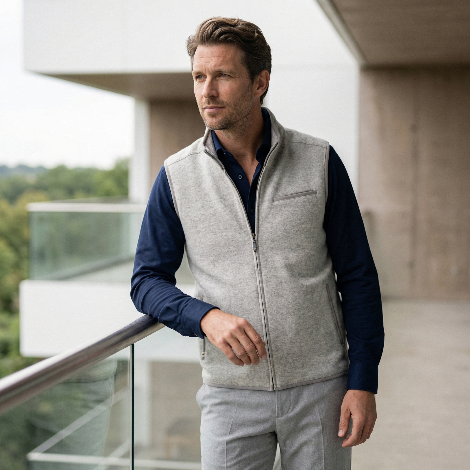 Man wearing the Alpaca Rittervest in Granite, a plain knitted alpaca vest with no logo